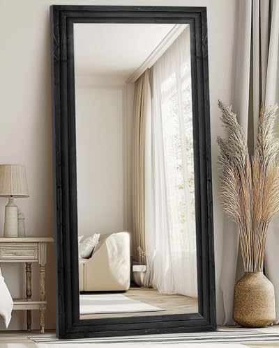 76x34in Full Length Mirror, 3-Tier Stepped Solid Wood Frame, Black - color: Black, size: 76"L x 34"W