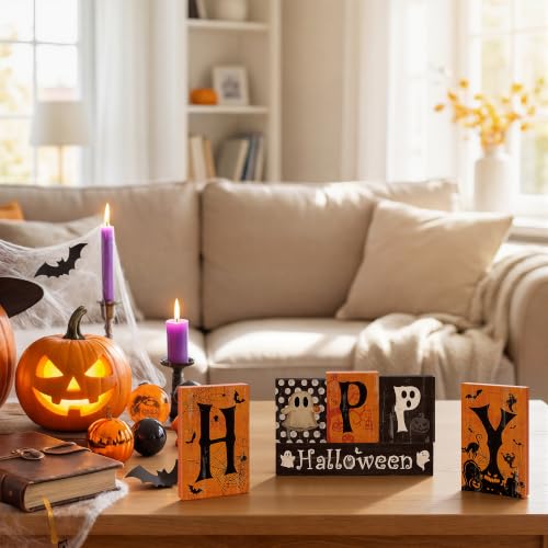 Smile Halloween Wooden Block Decor Set Happy Halloween Letter Pattern - style: Letter Halloween