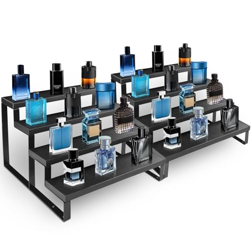 HomePekite Wooden Display Riser Stand, Tiered Perfume and Cologne Organizer Stand, 4 Tier Spice Rack Organizer, Rustic Display Shelf for Candles (4 Tier 2 Pcs), Black