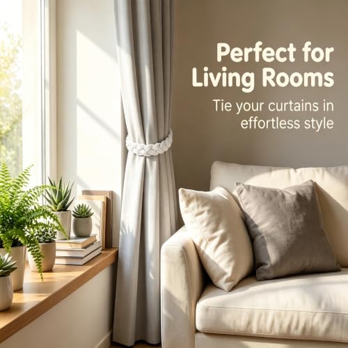 Home Queen Hand Braided Curtain Tie Back, Buckle Holdback Drapery Curtain Tiebacks, 4 Rope Cotton Belt Curtain Tie with 4 Metal Hooks, White - color: White, size: 4PC