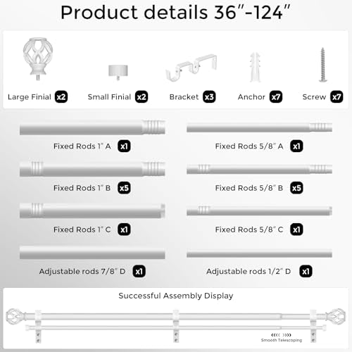 Double Curtain Rod 36-122 Inch, Heavy Duty Long Dual Rods, White - color: Plain White, size: 36"-122"