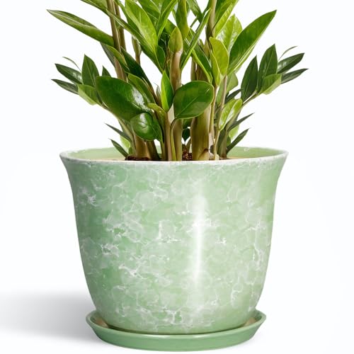 Ceramic Pots for Plants - 10 Inch Plant Pot for Indoor Outdoor, Round Planter with Drainage Hole and Saucer, Decorative Plant Pots, Modern Flower Pot, Home Porch Decor, Garden Gifts, Green - color: Gemstone Apple Green, size: 10 Inch