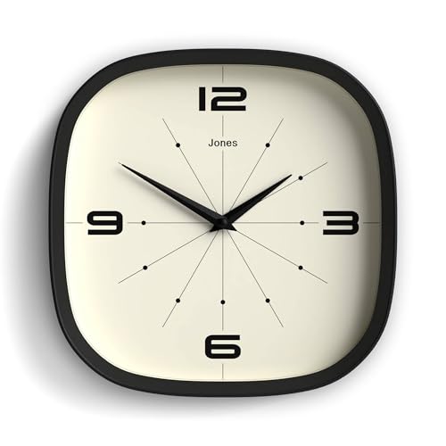 JONES CLOCKS® Pulsar wall Clock | Square Rounded Retro Clock | 10" | Black | Cool Designer Look for Kitchen, Living Room or Office - color: Black