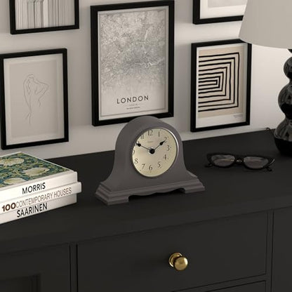 JONES CLOCKS® Speakeasy Small Mantel Clock | Classic Napoleon’s hat Design | Dark Gray | Contemporary Classic Style for Desk, Table, Shelf or Bedside - color: Blizzard Grey