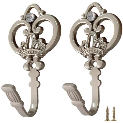 2 Pack Silver Crown Curtain Holdbacks, Heavy Duty Metal Wall Hooks for Hanging Drapes, Coats, Hats & Towels, Vintage Rustic Decor for Living Room, Bedroom, Entryway - color: Silver, size: 2PCS