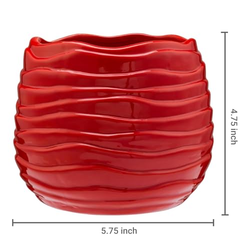MyGift 5.5 Inch Modern Red Ceramic Wavy Planter Pot with Drainage Hole