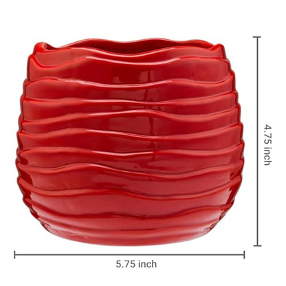MyGift 5.5 Inch Modern Red Ceramic Wavy Planter Pot with Drainage Hole