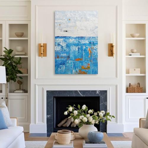 Modern Abstract Blue Textured Oil Painting Canvas Wall Art for Living Room - color: Blue White, size: 24"L x 36"W