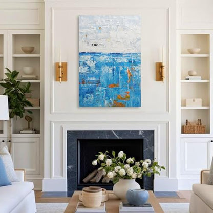 Modern Abstract Blue Textured Oil Painting Canvas Wall Art for Living Room - color: Blue White, size: 24"L x 36"W