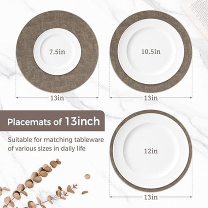 13" Round Placemats Set of 6, Reversible Faux Leather Wipeable Table Mats - color: Dark Coffee