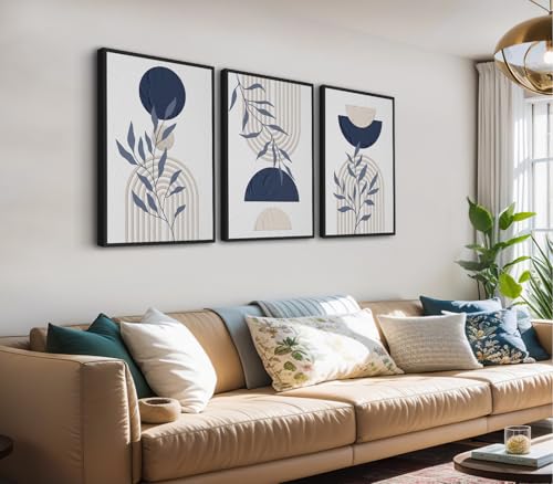 Large Framed Boho Wall Art, Mid Century Botanical Canvas Prints, Blue Geometric Abstract Paintings Modern Minimalist Canvas Pictures for Living Room Bedroom Kitchen Office Decor 32"x48"x3Pcs - color: neutral, size: 32" X 48" X 3pcs Framed