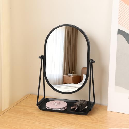 Black Metal Framed Oval Desk Table Mirror with Storage Tray - color: Oval-black