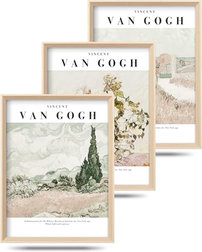 HesenDot Van Gogh Framed Wall Art, Neutral Canvas Prints Set of 3 - color: Framed Van Gogh Nature, size: 16"L x 12"W