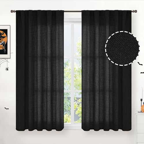 YoungsTex Black Linen Semi Sheer Curtains 45 Inches Long 2 Panels - color: Black, size: 42"W x 45"L (Pack of 2)