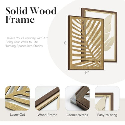 Large Framed Boho Cutout Carved Wood Wall Art for Living Room, 24x36 Inch - color: Brown Color