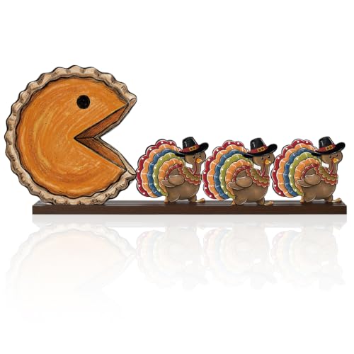 Smile Thanksgiving Wooden Standing Decor, Pumpkin Pie Turkey and Mini Turkeys Tiered Tray Tabletop Signs With Stands for Home And Party Decorations - style: Retro