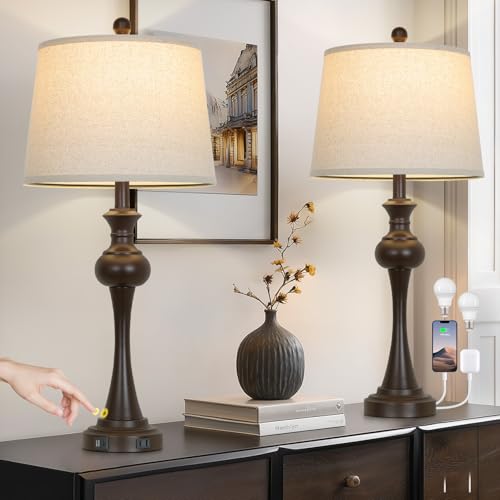 CINSARY Brown Table Lamps Set of 2, 29" Bedside Lamps with USB C+A - color: Brown-Set of 2