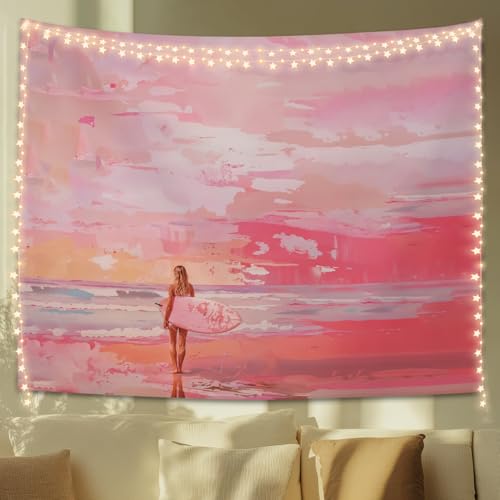 STHTTSW Pink Coastal Cowgirl Tapestry, Aesthetic Beach Tapestries Wall Blanket, Preppy Pink Girly Wall Hanging Decor for Teen Girl Women College Dorm Apartment Bedroom, 50x60 Inch - color: Coastal Surfing - Pink
