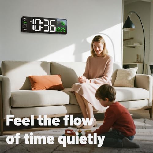 Digital Wall Clock with Automatic Brightness - LED Large Display Silent Clock for Living Room Bedroom Kitchen, Silent Wall Clock with Date Temperature, Decorative Digital Clock for Home Office