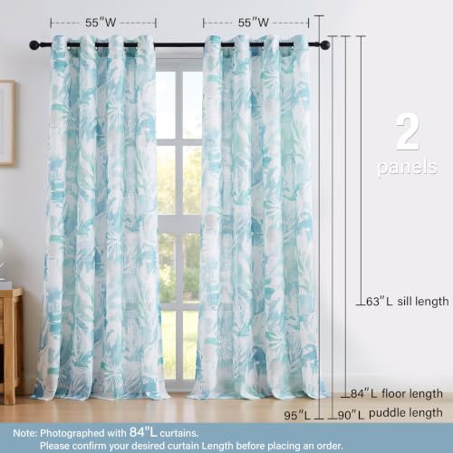 Aqua Blue and White Semi Sheer Linen Curtains 55x84" Boho Floral Print 2pcs - color: Gromme Top- Semi Sheer- Aqua Blue, size: 55"W x 84"L (Pack of 2)