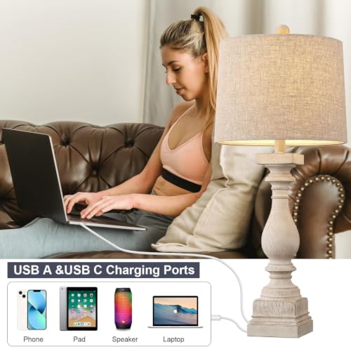 BOBOMOMO Retro 27" USB Charging Ports A/C Wash-White Farmhouse Lamps for Bedrooms Side Table Lamps Bedside Lamp for Nightstand Living Room 1 Pack (Blubs not Included) - color: Off-White