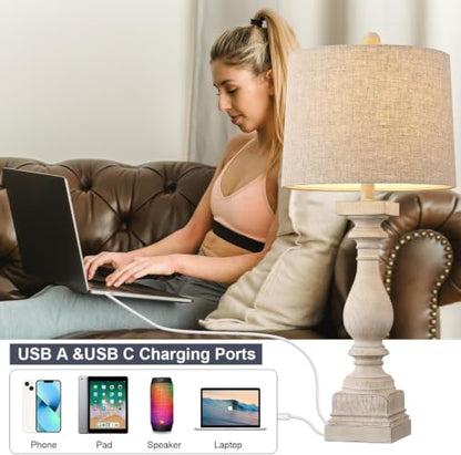 BOBOMOMO Retro 27" USB Charging Ports A/C Wash-White Farmhouse Lamps for Bedrooms Side Table Lamps Bedside Lamp for Nightstand Living Room 1 Pack (Blubs not Included) - color: Off-White