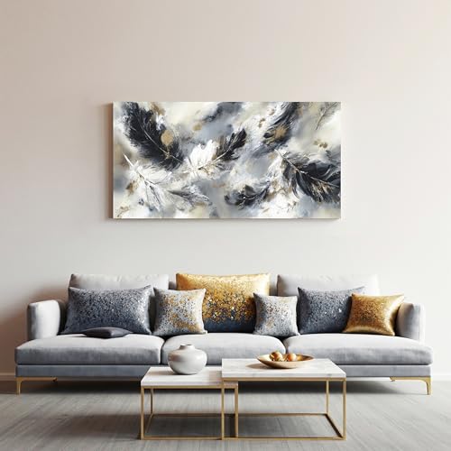YISXINOAG Black White Abstract Wall Art Modern Feather Painting 20"X40" - color: black grey, size: 40"L x 20"W