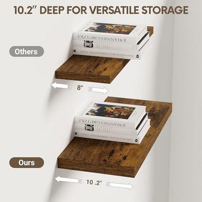 Vivelove 10 in Deep Floating Shelves 16” Set of 2, Rustic Brown - color: Rustic Brown, size: 15.7”wx10.2”dx1.5”h