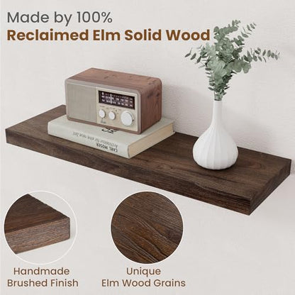 Floating Shelves for Wall, 8" Deep Elm Wood Shelves, 24in Set of 2, Walnut - color: Walnut, size: Flat Edge, 24inch, 2Packs