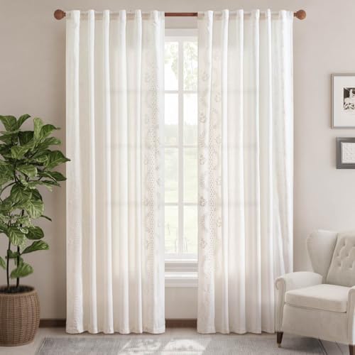 jinchan Floral Linen Curtains 84 Inch Farmhouse Back Tab 2 Panels - color: Off White, size: 50"W x 84"L (Pack of 2)