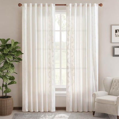 jinchan Floral Linen Curtains 84 Inch Farmhouse Back Tab 2 Panels - color: Off White, size: 50"W x 84"L (Pack of 2)