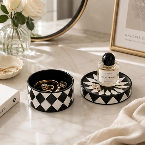 Decorative Storage Box with Lid, Black and white checkerboard Jewelry Box, Modern Round Decorative Box for Dresser, Coffee Table, Entryway Ideal for Jewelry, Trinkets And Small Accessories