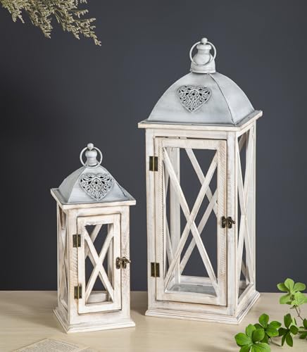 Set of 2 Large Farmhouse Wooden Metal Lanterns, Rustic Decorative Floor Candle Lanterns, Whitewash Distressed Hanging Lanterns for Home Decor (No Glass) - color: Heart - Whitewash