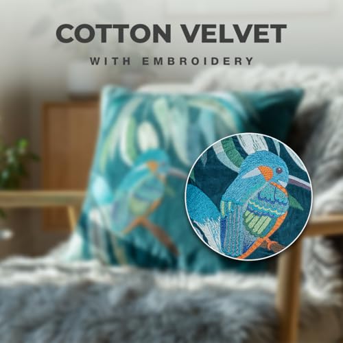 Dorii Embroidered Throw Pillow Covers 18x18, Cotton Velvet Decorative Pillow Cover, Bird & Botanical Cushion Cover with Hidden Zipper, Accent Pillow for Sofa, Couch, Bed & Living Room