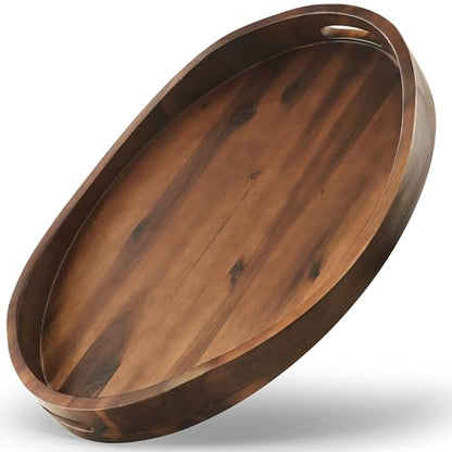 TIDITA Acacia Oval Wooden Serving Tray with Handle, 16.5"x13", Walnut Color - color: Walnut, size: 16.5" x 13" x 2.2"
