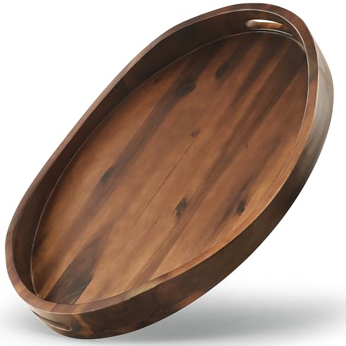 TIDITA Acacia Oval Wooden Serving Tray with Handle, 16.5"x13", Walnut Color - color: Walnut, size: 16.5" x 13" x 2.2"