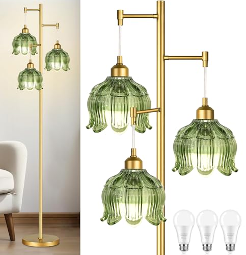 ZECOXOL Vintage Floor Lamps for Living Room Bedroom-3 Light Glass Floor Lamp with Three Led Bulb, Modern Mid Century Standing Lamp Brass Tall Lamp Gold Tree Floor Lamp for Bedroom Corner - color: gold-green-Octagonal, size: 4.89inch