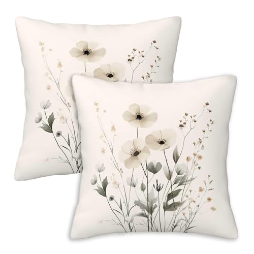 Firmiso White Botanical Throw Pillow Covers 18x18 Set of 2, Minimal Floral Decorative Cushion Covers, Neutral Plant Pillow Cases for Couch Sofa Bedroom Home Decor - color: Minimal Floral