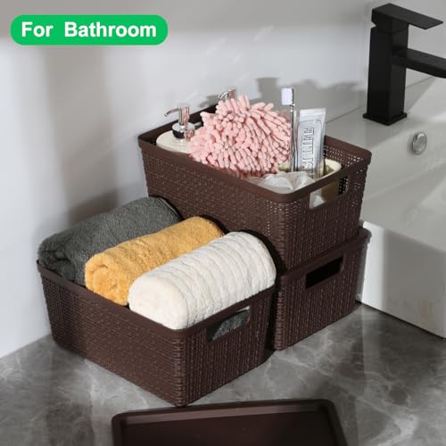 6 Pack Plastic Storage Baskets with Lid,Brown Stackable Bins - color: Brown