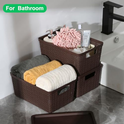 6 Pack Plastic Storage Baskets with Lid,Brown Stackable Bins - color: Brown