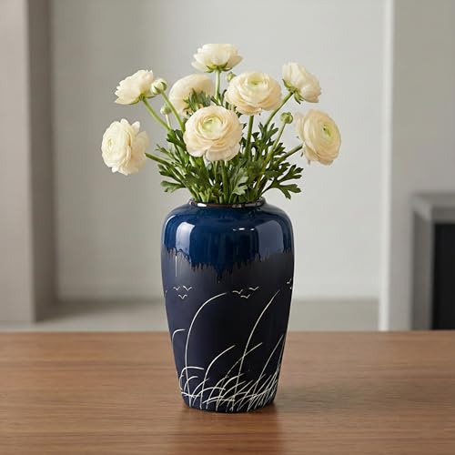 Black and Blue Vase, 8 Inch Blue Ceramic Vase for Flowers, Modern Decorative Vases for Home Decor, Coastal, Living Room Decor, Table Centerpiece - color: Wheat Blue