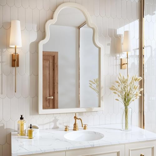 24x40 Cream White Arched Wood Framed Bathroom Vanity Wall Mirror - color: White, size: 40"L x 24"W