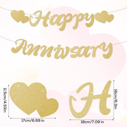 Happy Anniversary Banner, Pre-Strung Happy Anniversary Garland No DIY Party Decoration Supplies for Wedding Birthday (Champagne Gold)