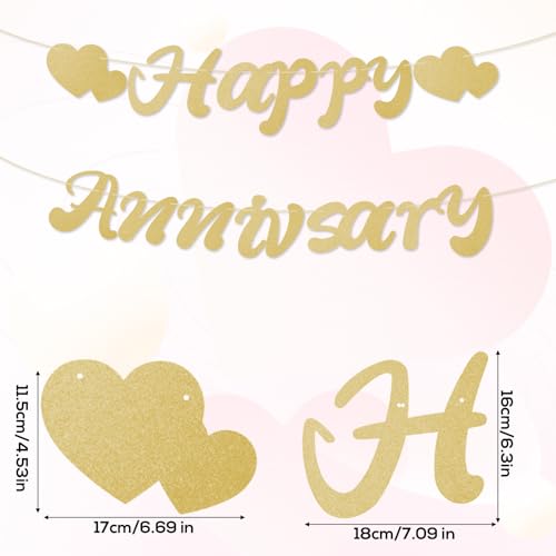 Happy Anniversary Banner, Pre-Strung Happy Anniversary Garland No DIY Party Decoration Supplies for Wedding Birthday (Champagne Gold)