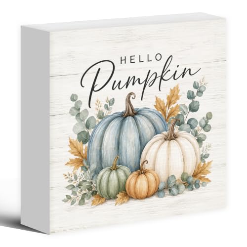Fall Pumpkin Eucalyptus Botanical Wood Box Sign Desk Decor 5X5 - color: Dusty Blue & White