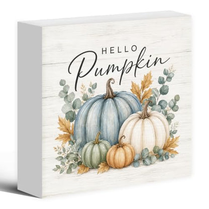 Fall Pumpkin Eucalyptus Botanical Wood Box Sign Desk Decor 5X5 - color: Dusty Blue & White