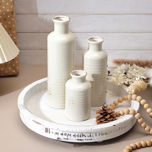 White Ceramic Vase Set of 3, Rustic Vase for Farmhouse Shelves Waterproof - color: 3pcs-crack White