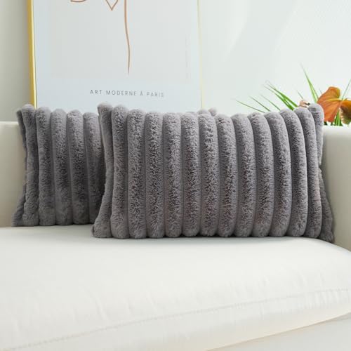 JOJUSIS Faux Fur Plush Throw Pillow Covers, Grey, 12 x 20-Inch - color: Grey, size: 20" x 12" (Pack of 2)