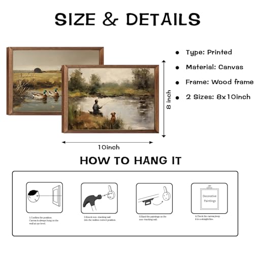 Vintage Wall Art Set of 2, Rustic Boy Fishing Mallard Duck Canvas Wall Decor, Wildlife Nature Pond Prints for Living Room Bedroom Office Rustic Home Decor 8x10in Wood Framed - color: Yellow Mandarin Ducks, size: 10"L x 8"W