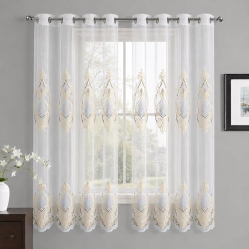 VOGOL Embroidery Sheer Curtains 63 inch Length Grommet Window Treatment Voile Panel Drape for Living Room Kichen, Two Panels, W42 x L63 inch - color: C2, size: 42"W x 63"L (Pack of 2)